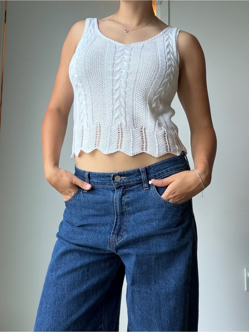 White Cable-Knit Cropped Tank Top
